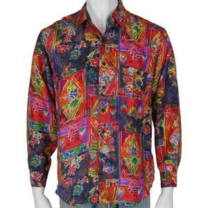 Vintage Rainbow Floral Abstract Funky Hawaiian Hippy Festival Camp Silk Shirt S